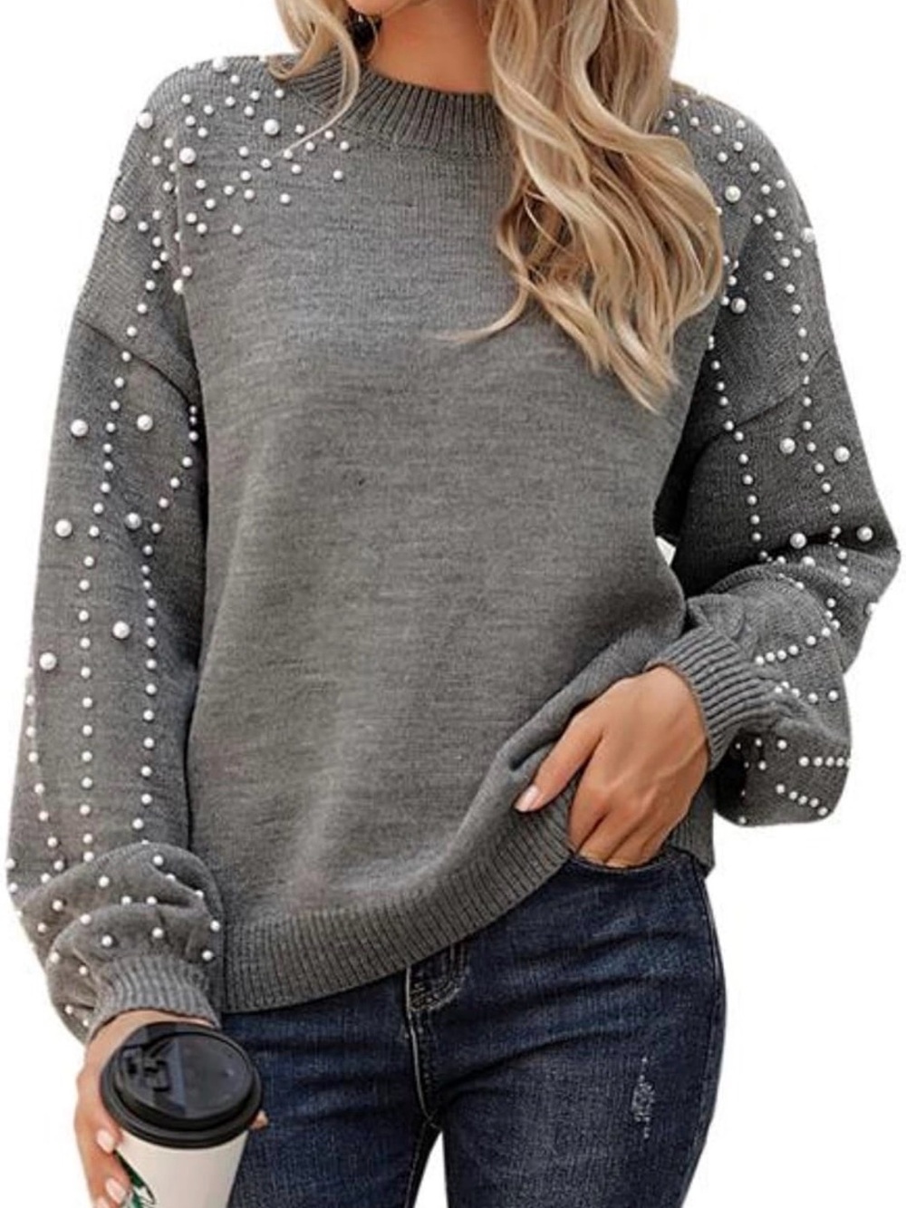 Women's Grey Pearl-Accent Crewneck Sweater
